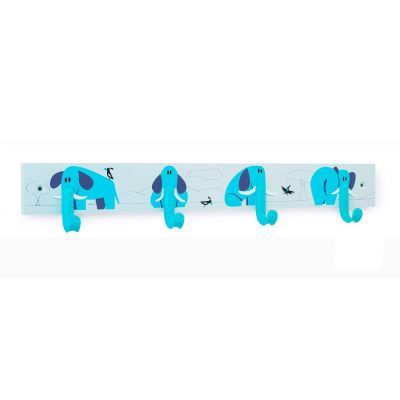 Childrens Wooden Wall Hanger with 4 Hooks - Blue Elephants | F2124